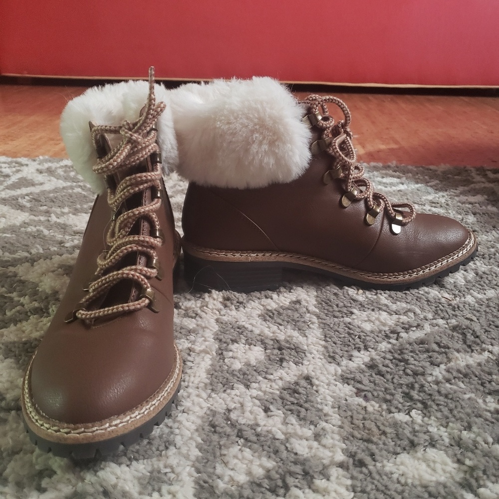 Brown Express faux fur ankle booties, size 9